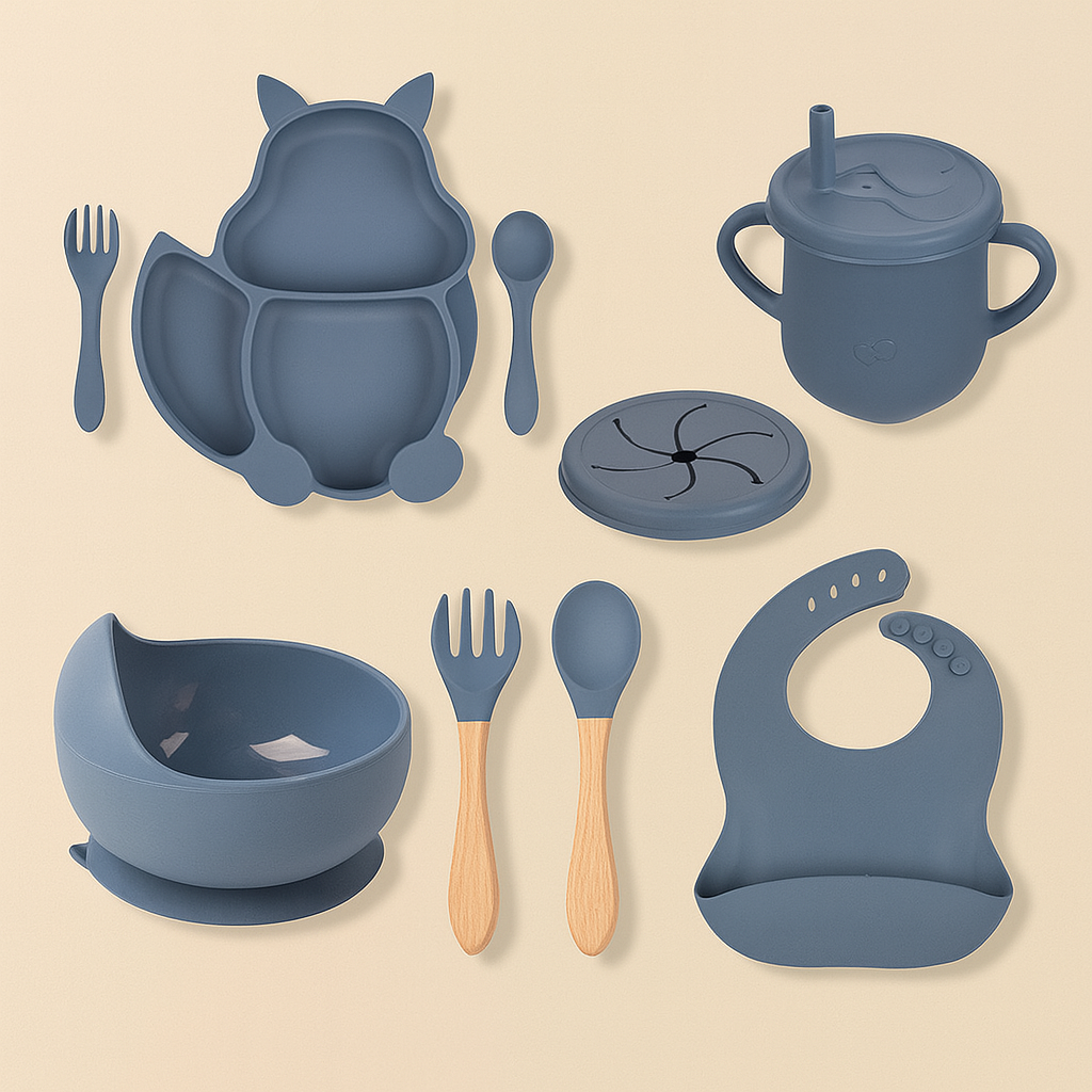 8-teiliges Baby-Tischset aus Silikon – Mit süßem Eichhörnchen-Design