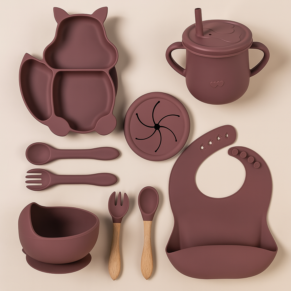 8-teiliges Baby-Tischset aus Silikon – Mit süßem Eichhörnchen-Design