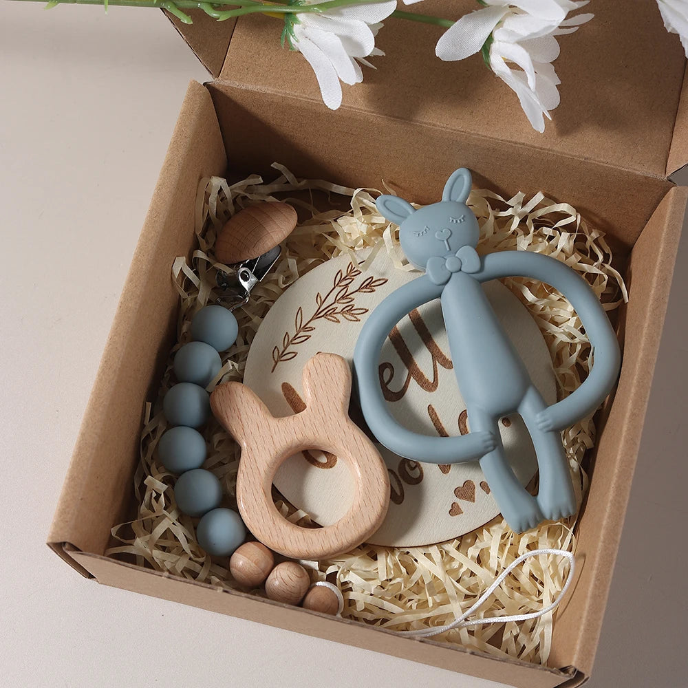 Niedliches Baby-Schnullerketten-Set – mit Hasenmotiv, Holz & Silikon – Geschenkset für Babys
