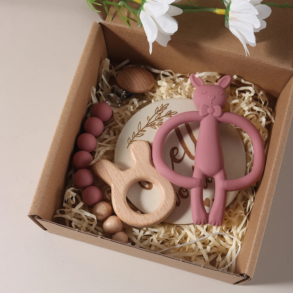 Niedliches Baby-Schnullerketten-Set – mit Hasenmotiv, Holz & Silikon – Geschenkset für Babys