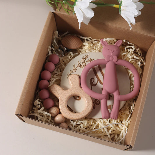 Niedliches Baby-Schnullerketten-Set – mit Hasenmotiv, Holz & Silikon – Geschenkset für Babys