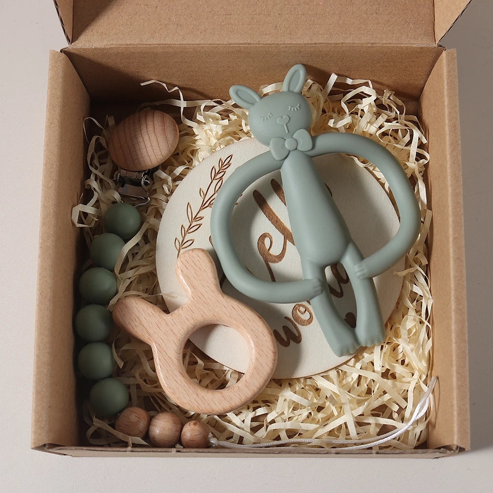 Niedliches Baby-Schnullerketten-Set – mit Hasenmotiv, Holz & Silikon – Geschenkset für Babys