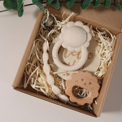 Silikon-Baby-Geschenkset mit Schnullerkette, Bärenrassel & Holz-Beißring im Hasen-Design