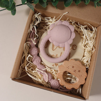 Silikon-Baby-Geschenkset mit Schnullerkette, Bärenrassel & Holz-Beißring im Hasen-Design