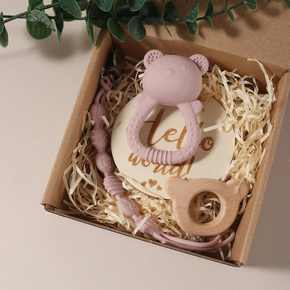 Silikon-Baby-Geschenkset mit Schnullerkette, Bärenrassel & Holz-Beißring im Hasen-Design